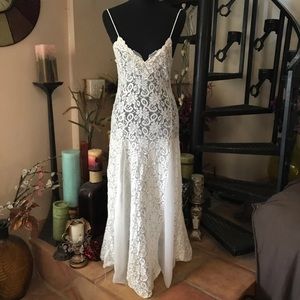 💕RARE💕Vintage Shirley of Hollywood  Chiffon Train Lace Maxi Long Nightgown